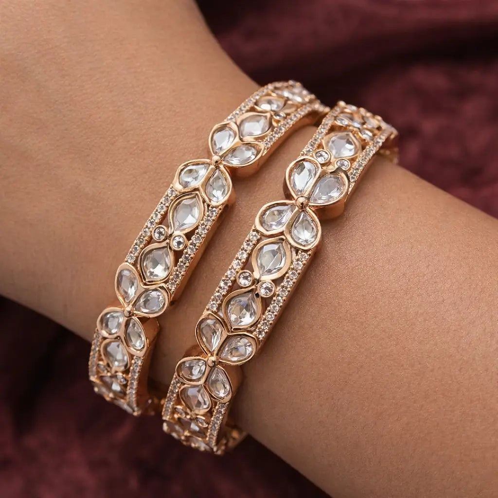 Uncut Polki Openable Bangle Pair in Rose Gold