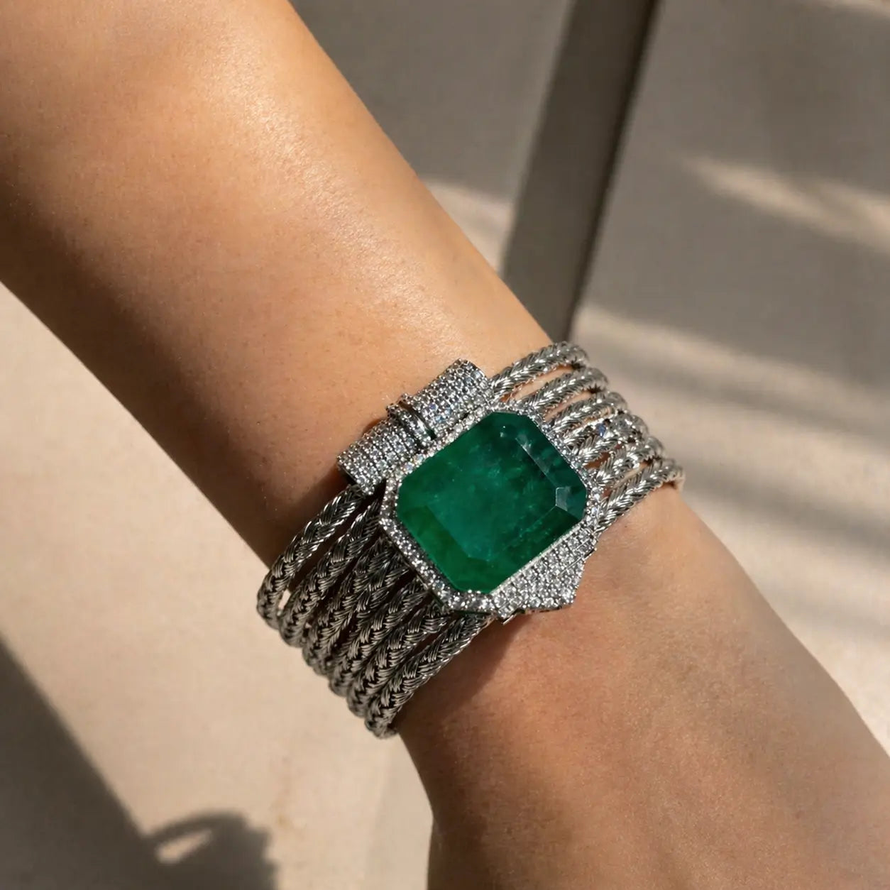 Emerald Silver Mesh Statement Cuff Bracelet
