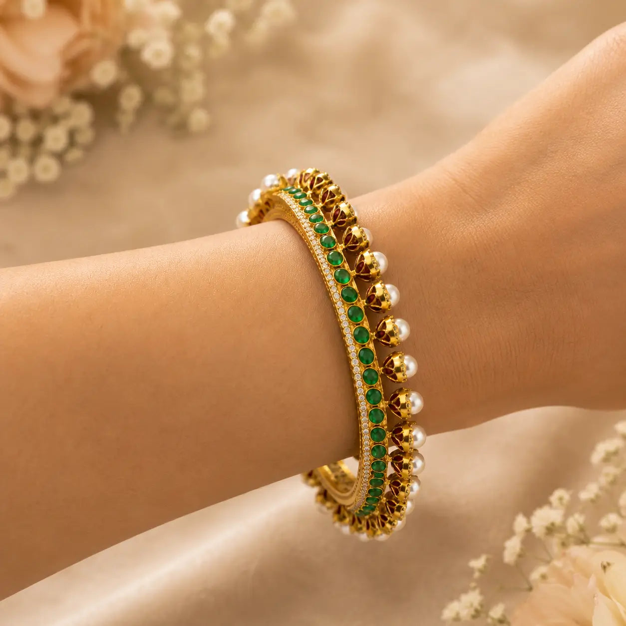 Emerald Kundan Pearl Pacheli Bangle