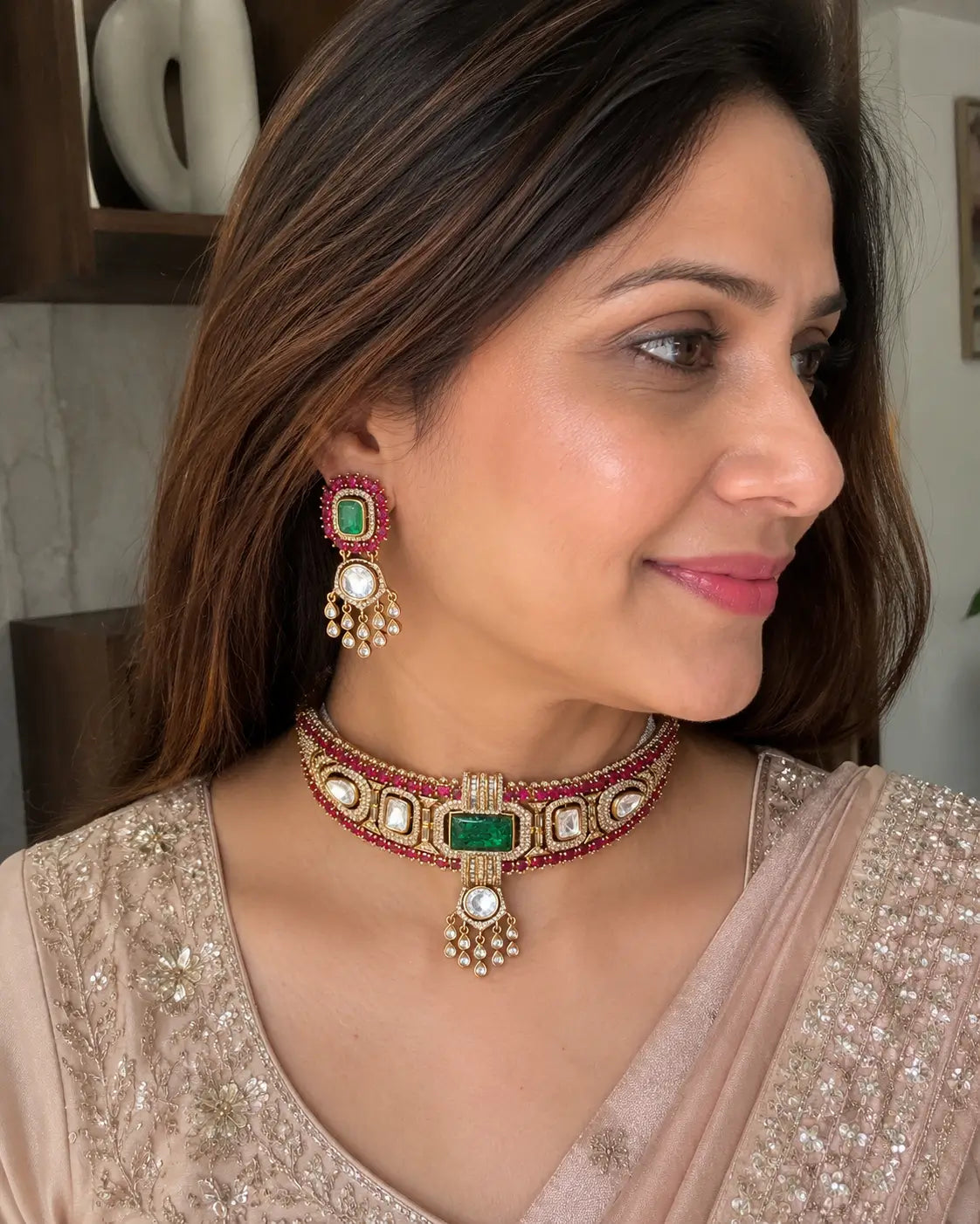 Zina Ruby Green Choker Set with Matching Earrings
