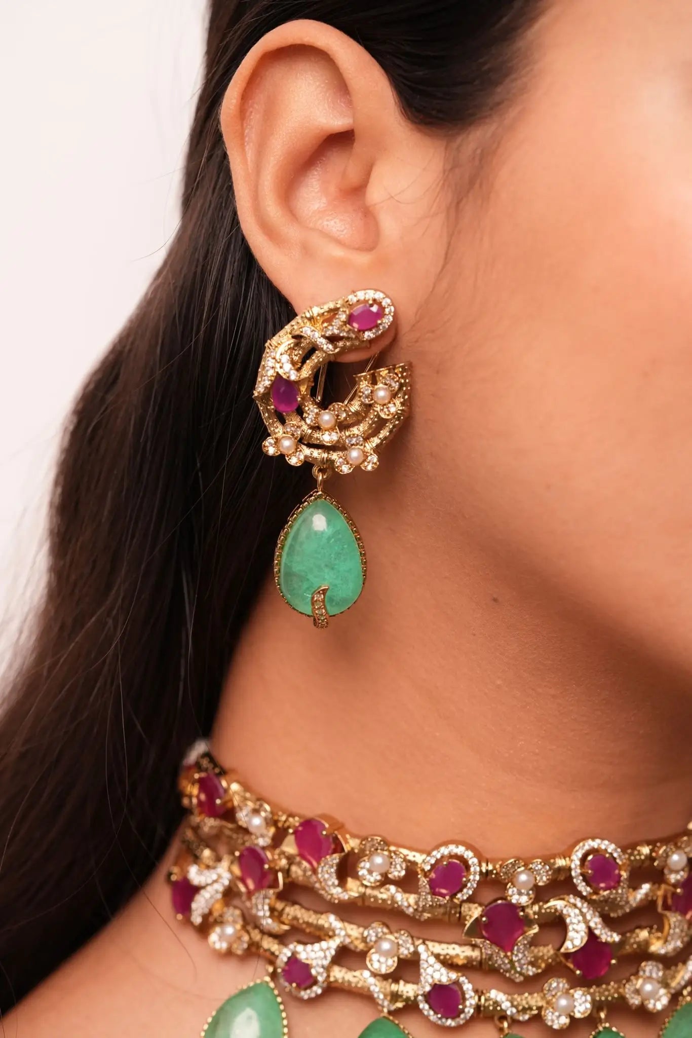 Geeta Ruby Mint Moissanite Choker Set