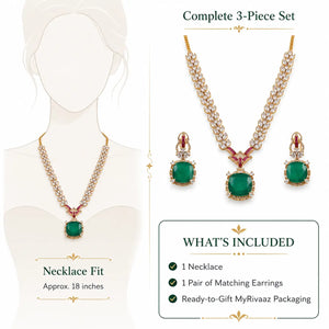 A 3-piece Indian jewelry set featuring a necklace, matching earrings, and a pendant, displayed on a white background with a necklace fit visualization on a female mannequin. The set includes a green stone pendant and matching earrings with gold and red accents.