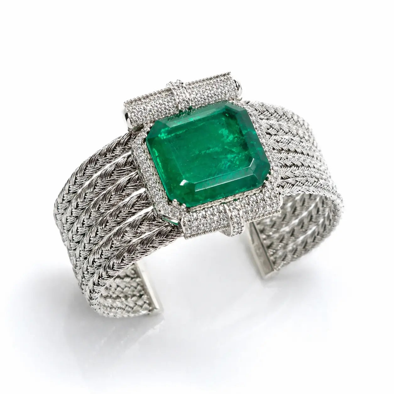 Emerald Silver Mesh Statement Cuff Bracelet