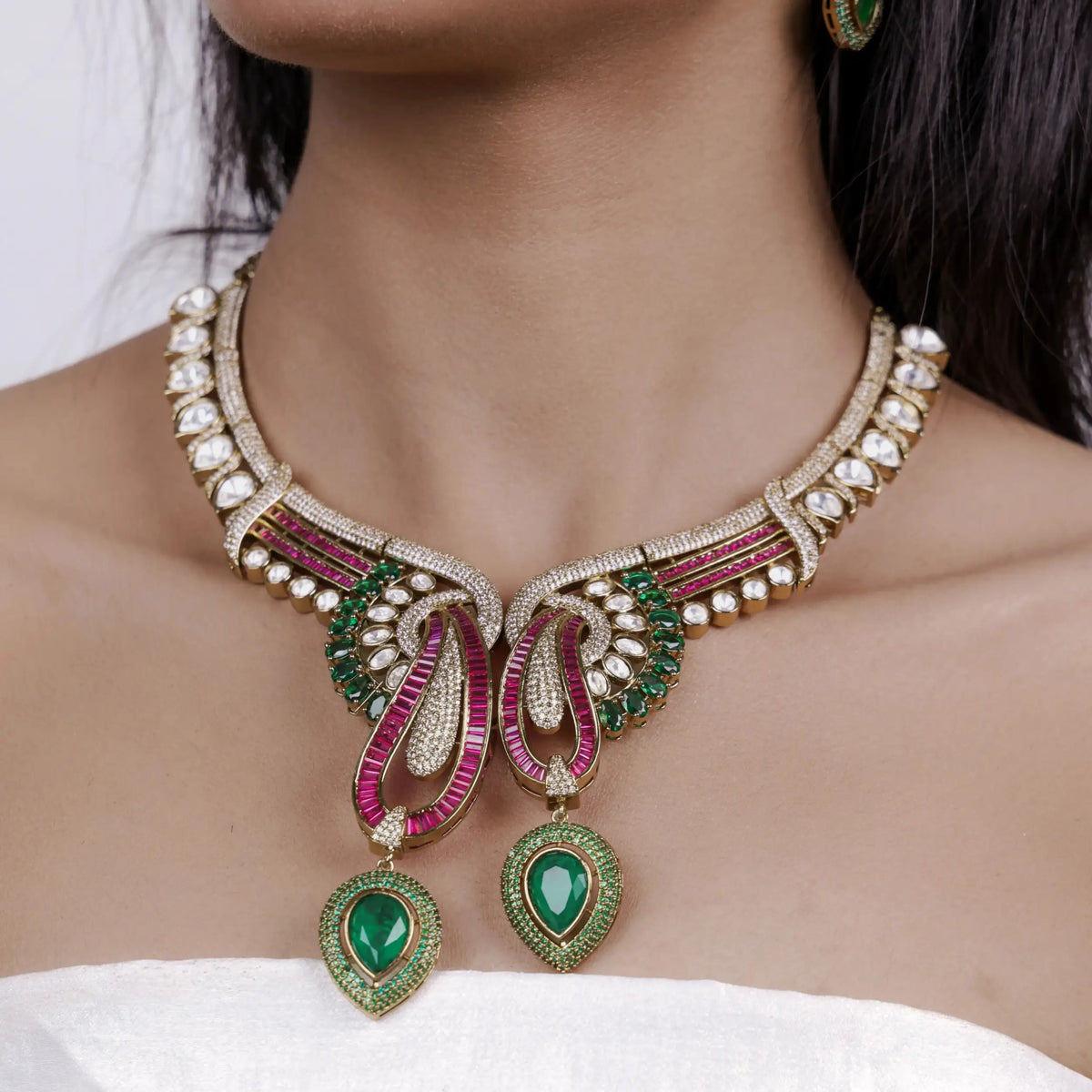 Seher Emerald Ruby Royale Kundan Necklace Set (Necklace + Long Earrings)