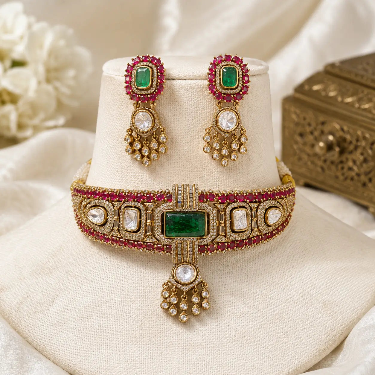Zina Ruby Green Choker Set with Matching Earrings