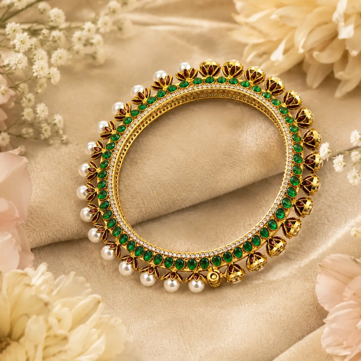 Emerald Kundan Pearl Pacheli Bangle