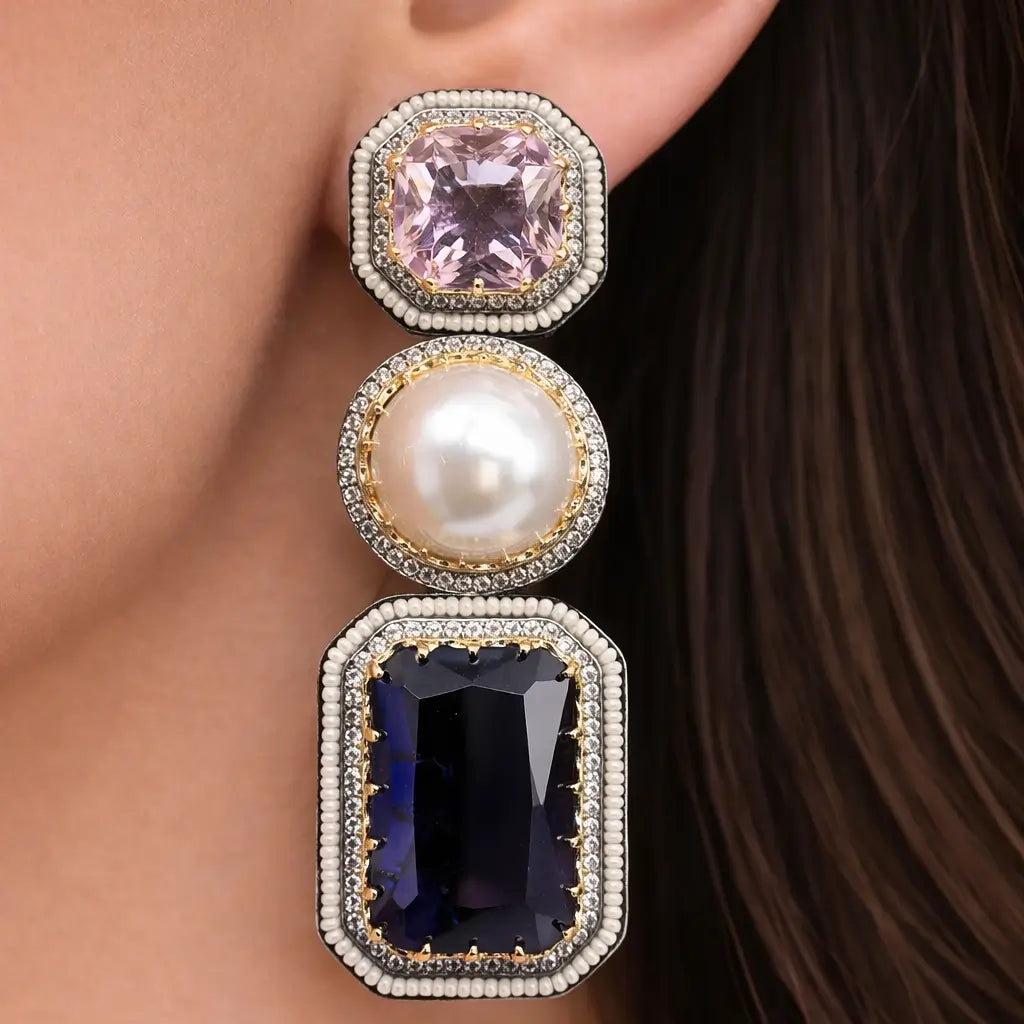 Celestia Purple Pink Cabochon Prism Drop Earrings