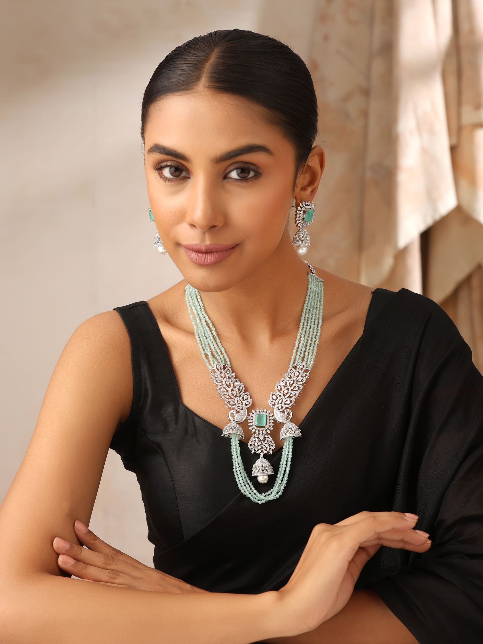 Elina Necklace Set – Mint Green Beaded Long Necklace with CZ Jhumka Earrings