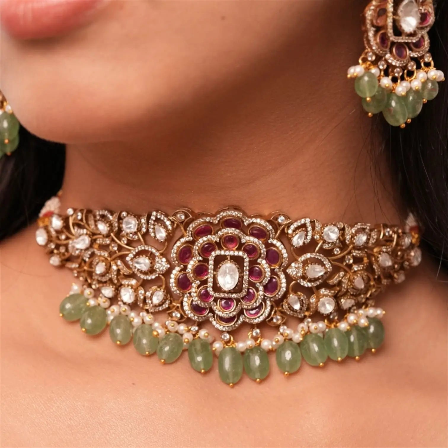 Azrin Ruby Mint Moissanite Choker Set