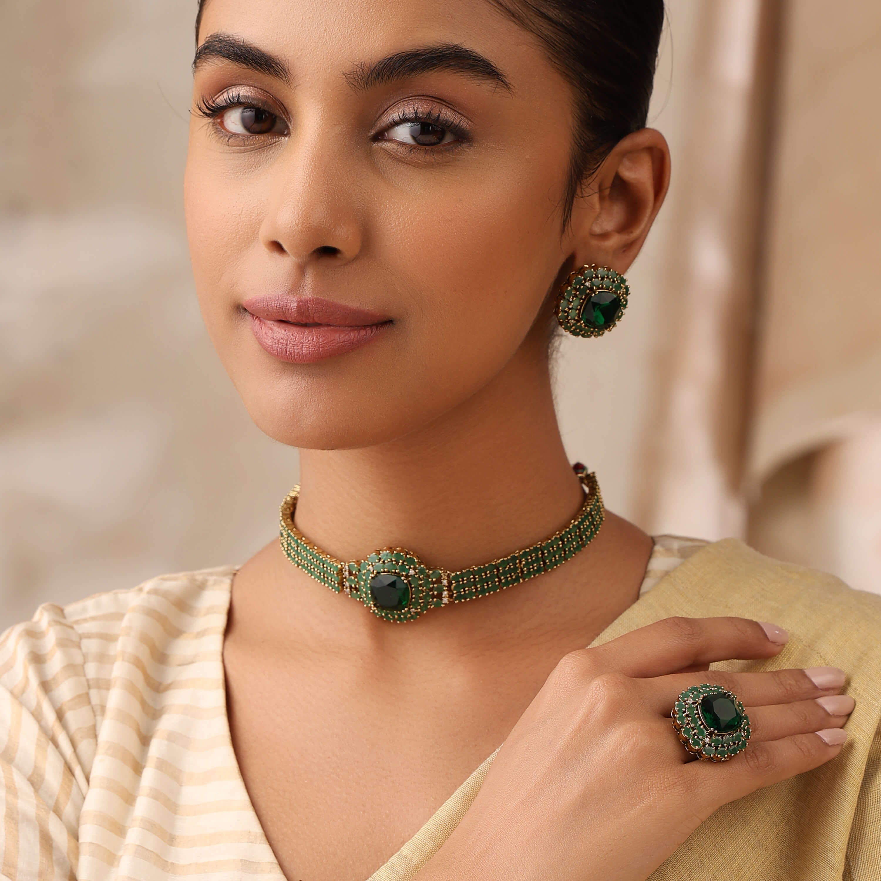 Aveline Emerald Royale Choker Set with Ring