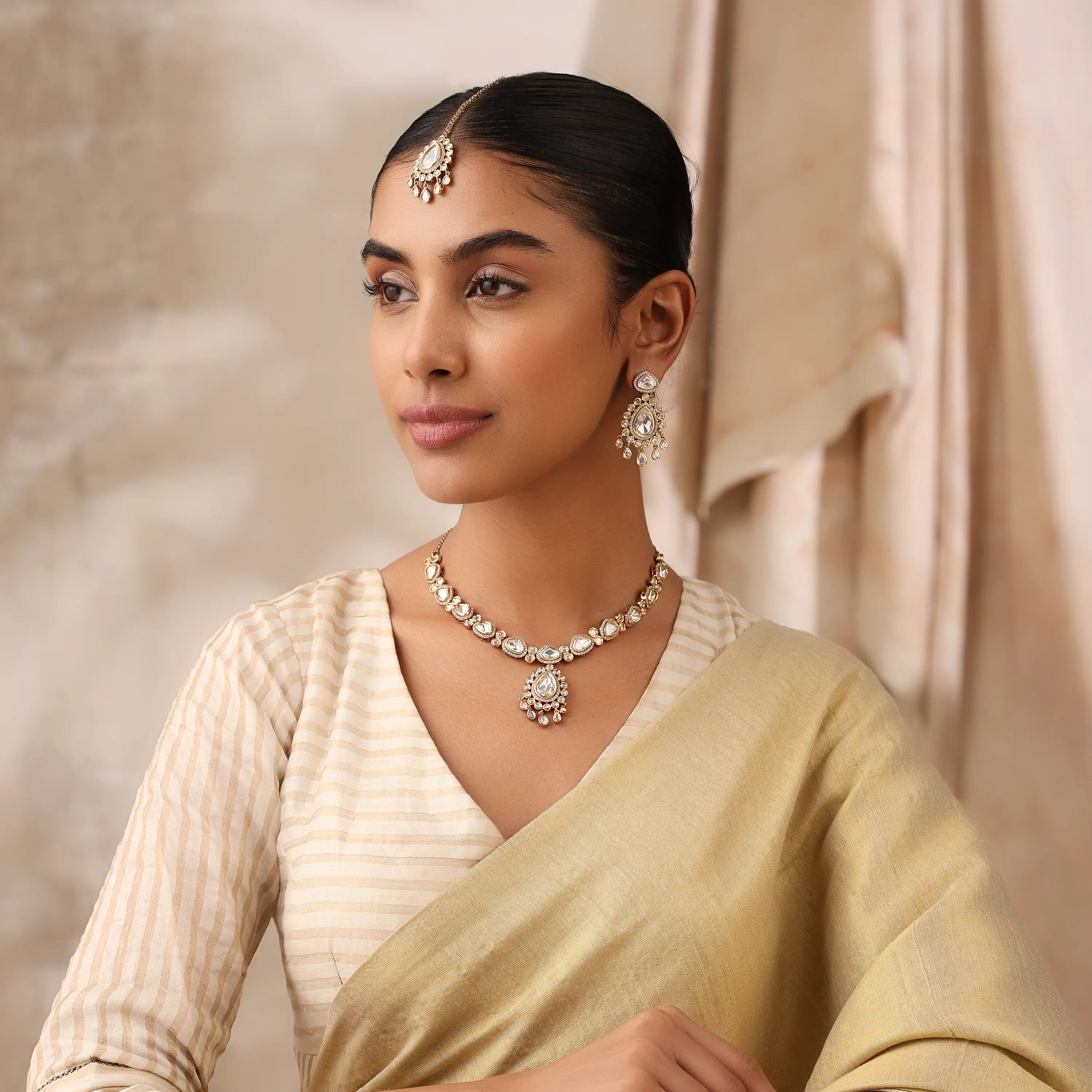 Celestia Teardrop Mozonite Polki Necklace Set – Earrings & Tikka Bridal Ensemble