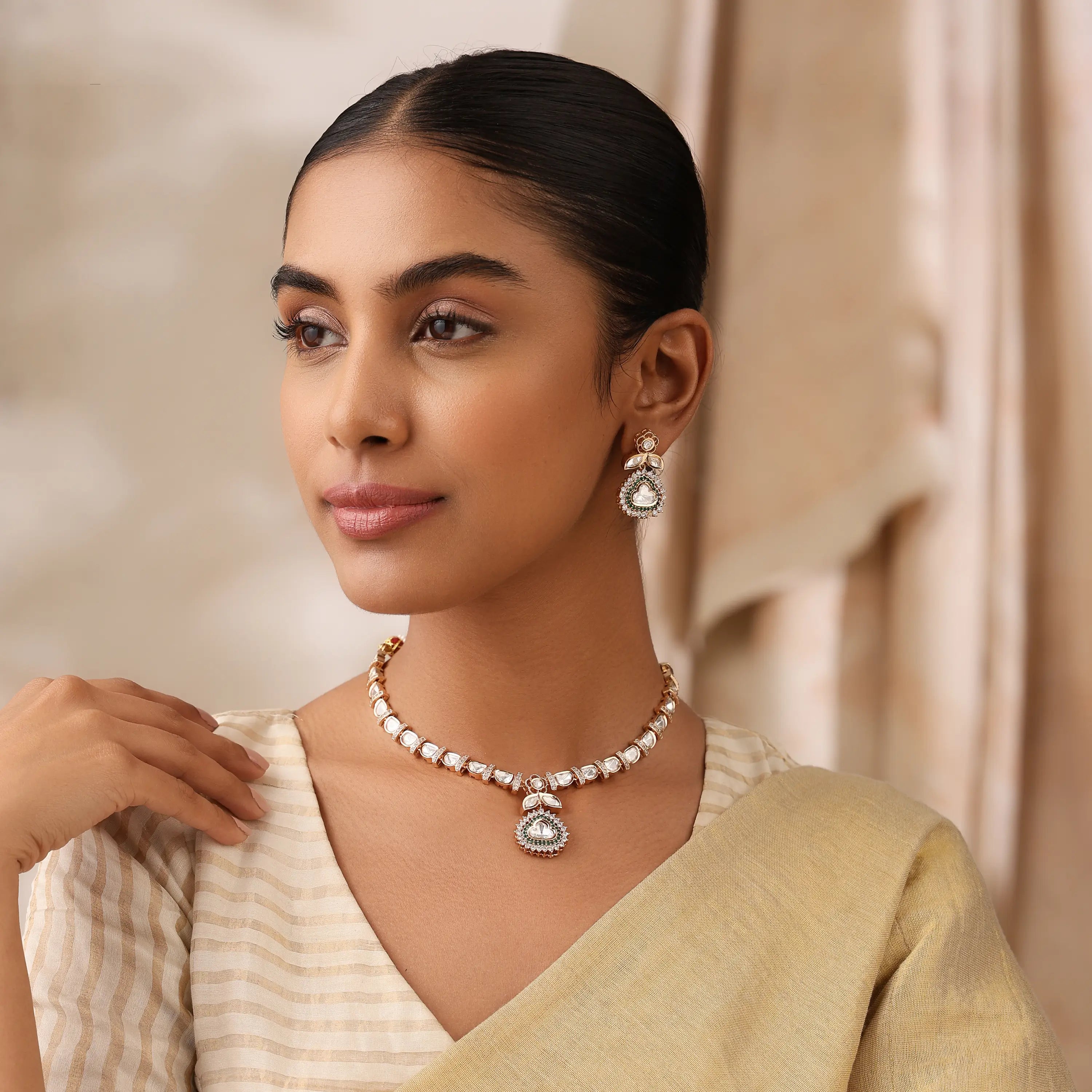 Gulzar Green Uncut Polki Pendant Necklace Set