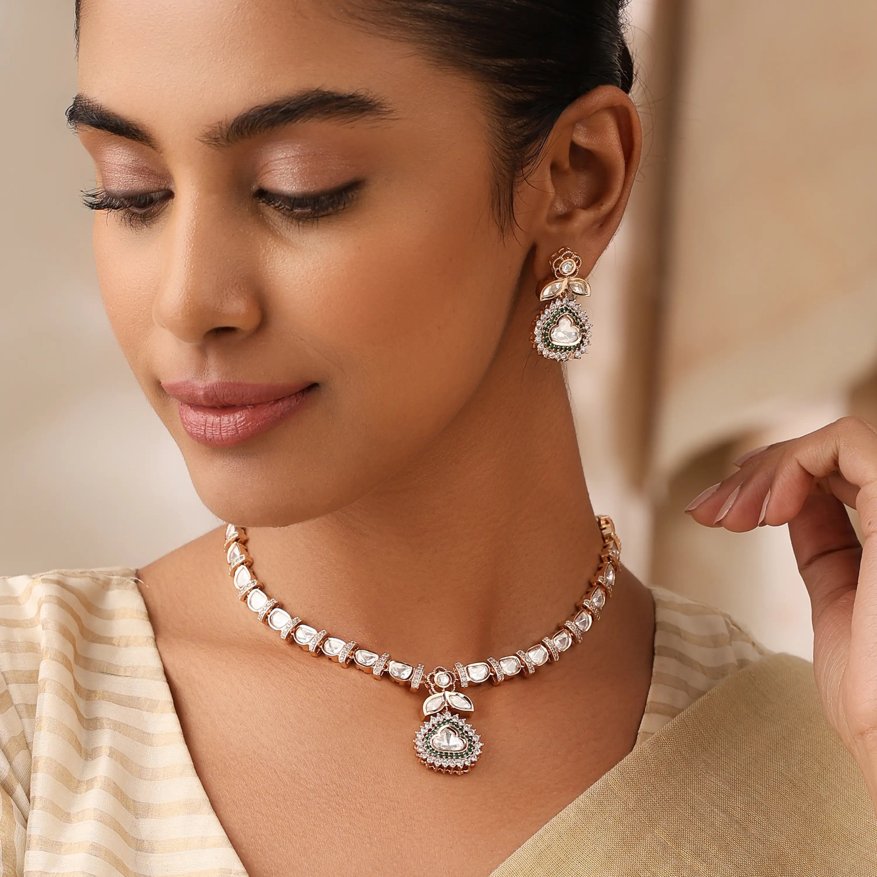 Gulzar Green Uncut Polki Pendant Necklace Set