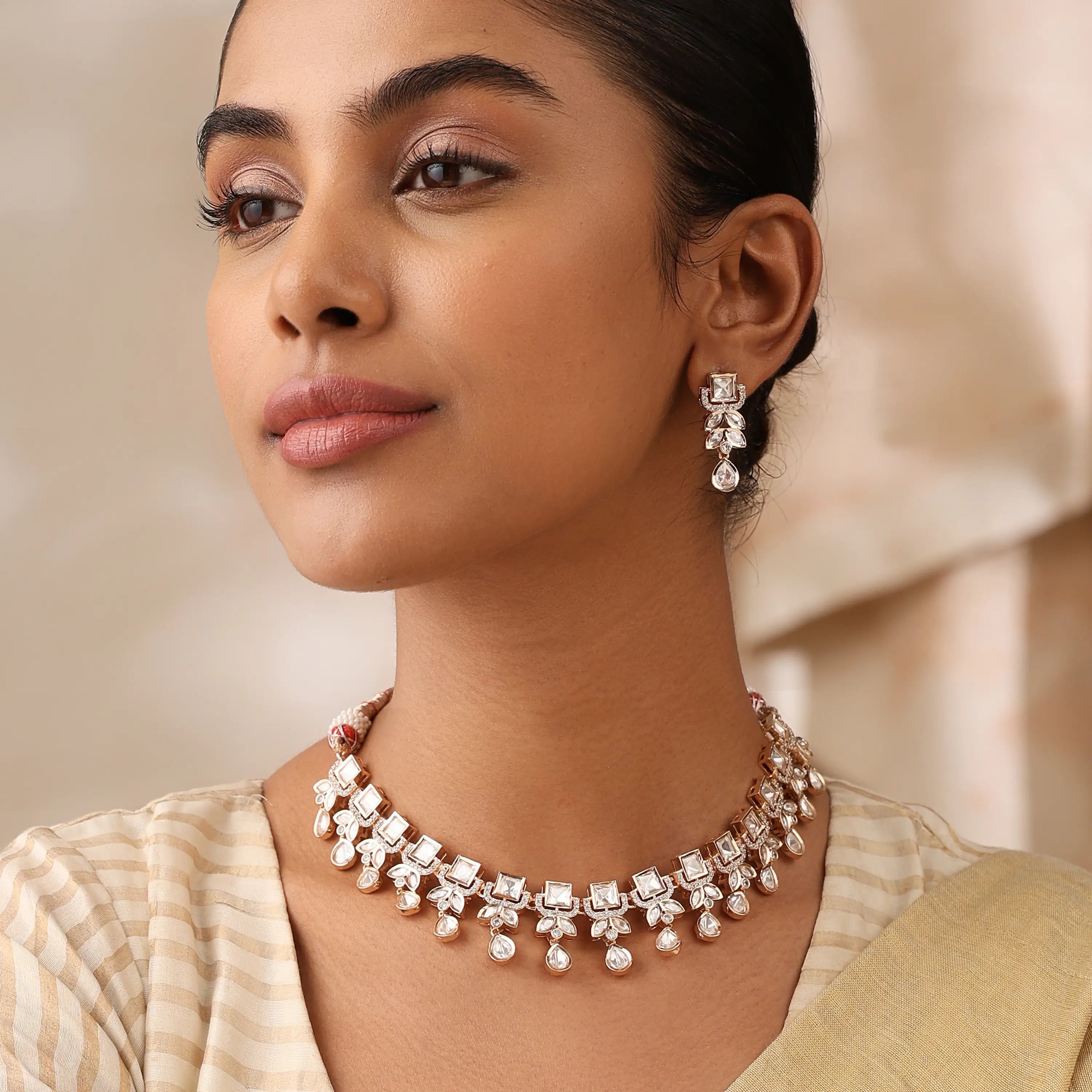 Uncut Mozonite Teardrop l Choker Necklace Set with Dangle Earrings (Copy)