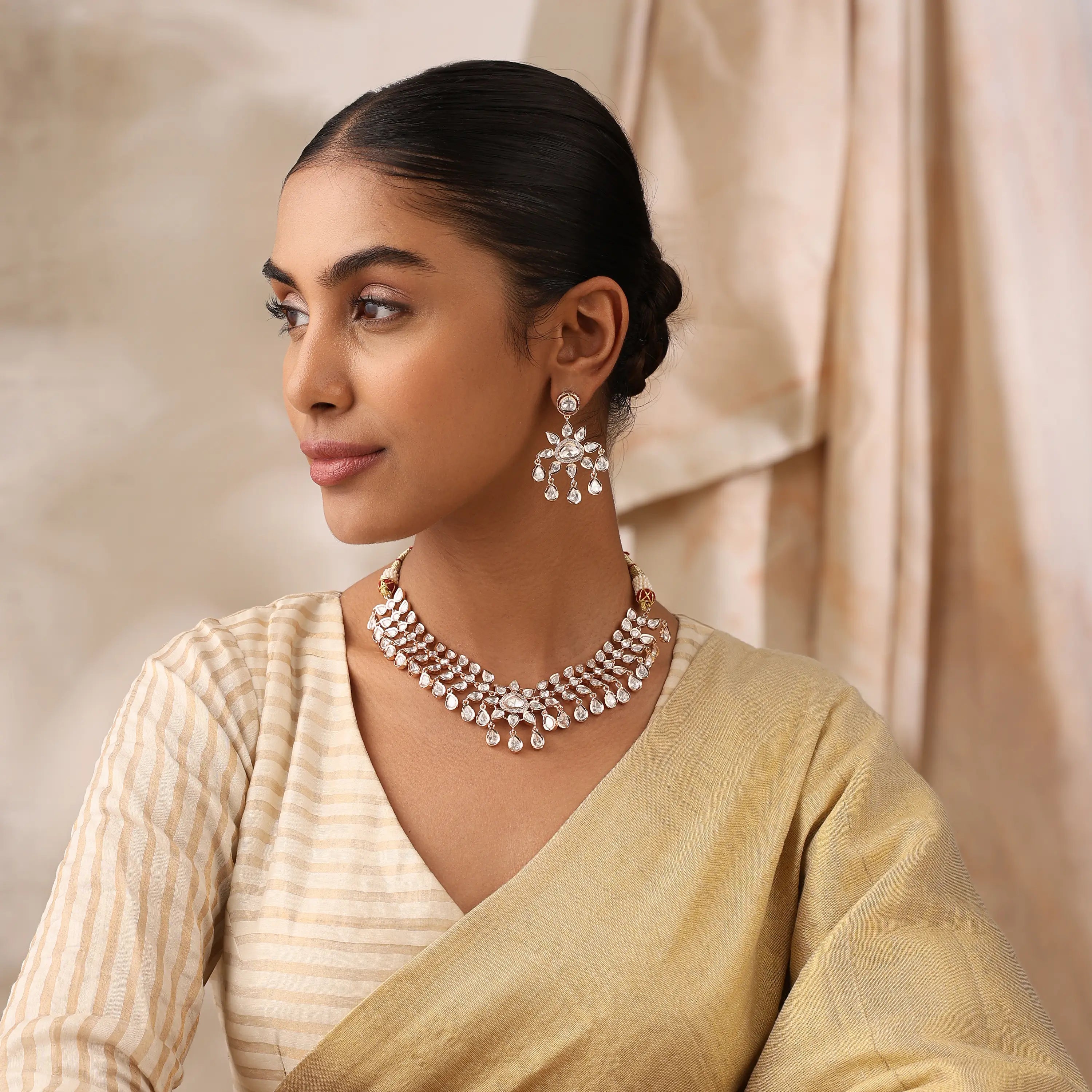 Pia UnCut Mozonite Teardrop l Choker Necklace Set with Dangle Earrings