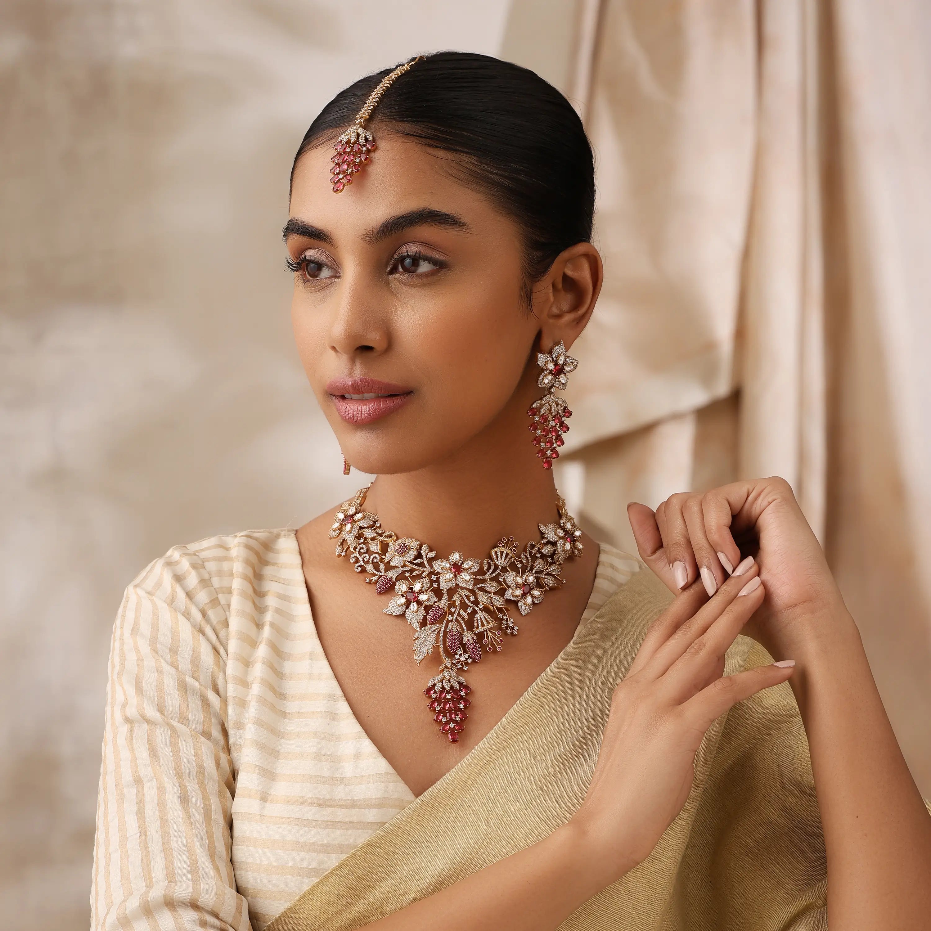 Ruby Floral Statement Necklace Set with Earrings & Maang Tikka