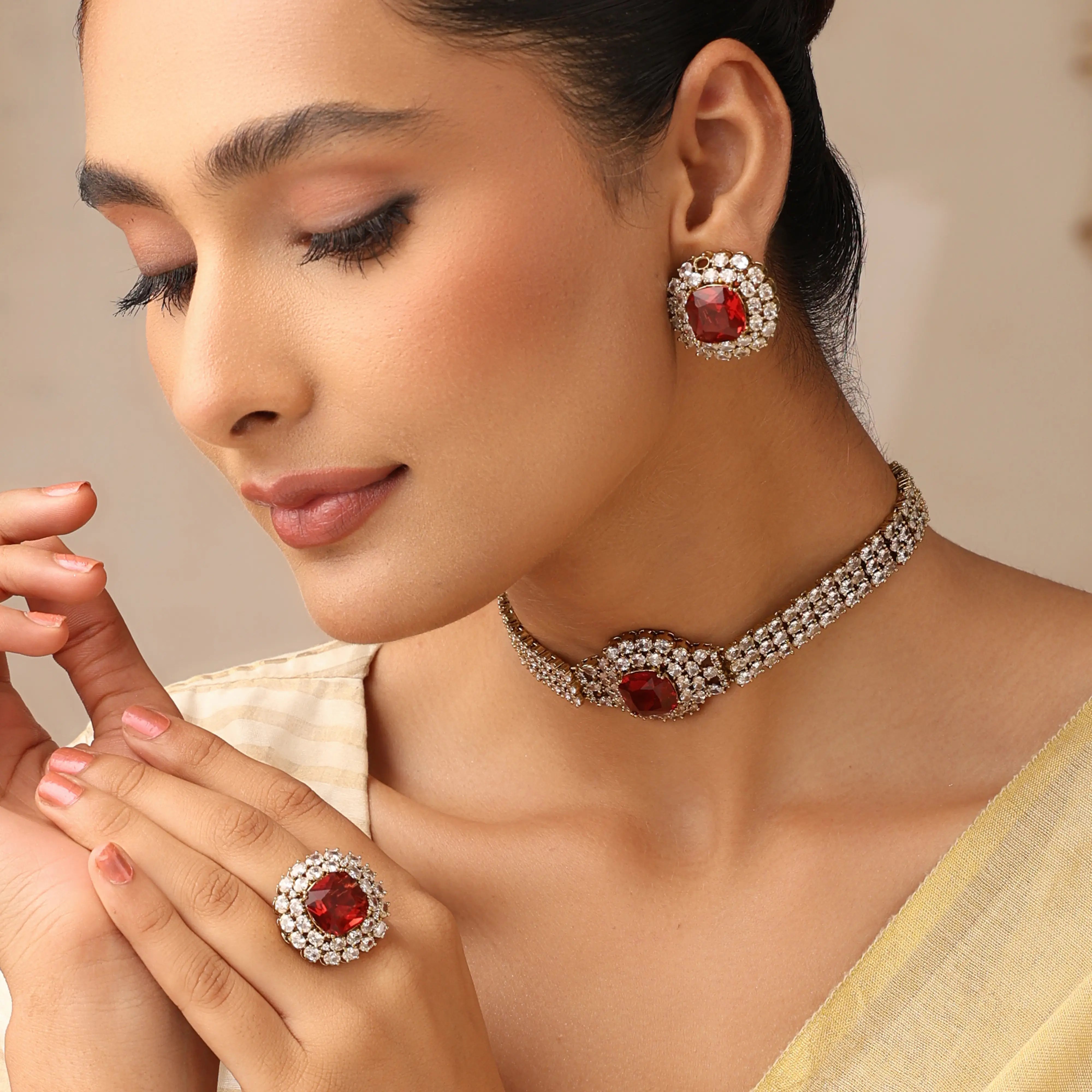 Aveline Ruby Gold Choker Set with Ring