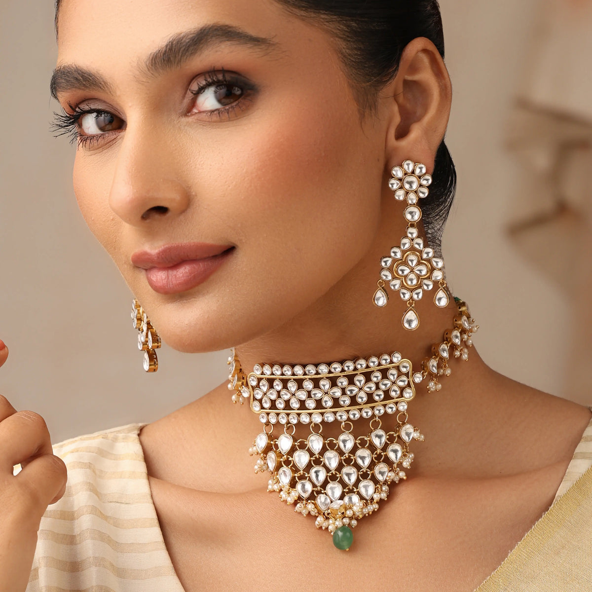 Meher Kundan Polki Choker Necklace Set with Green Drop Earrings