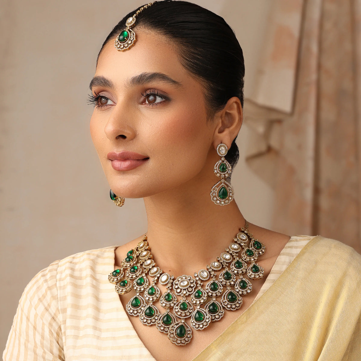 Maharani Emerald Green Polki Kundan Necklace Set with Earrings & Tikka
