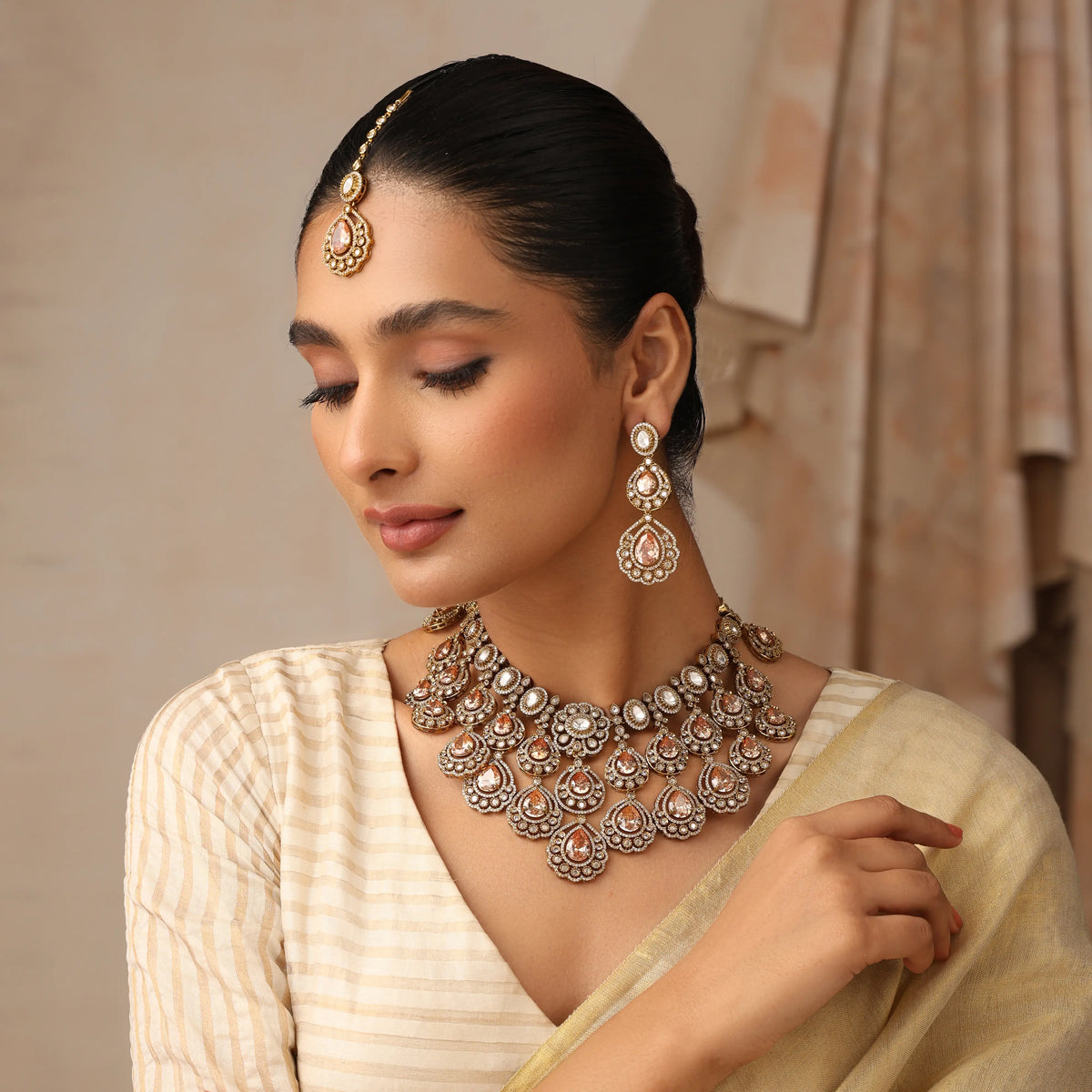 Maharani Clear Polki Kundan Necklace Set with Earrings & Tikka