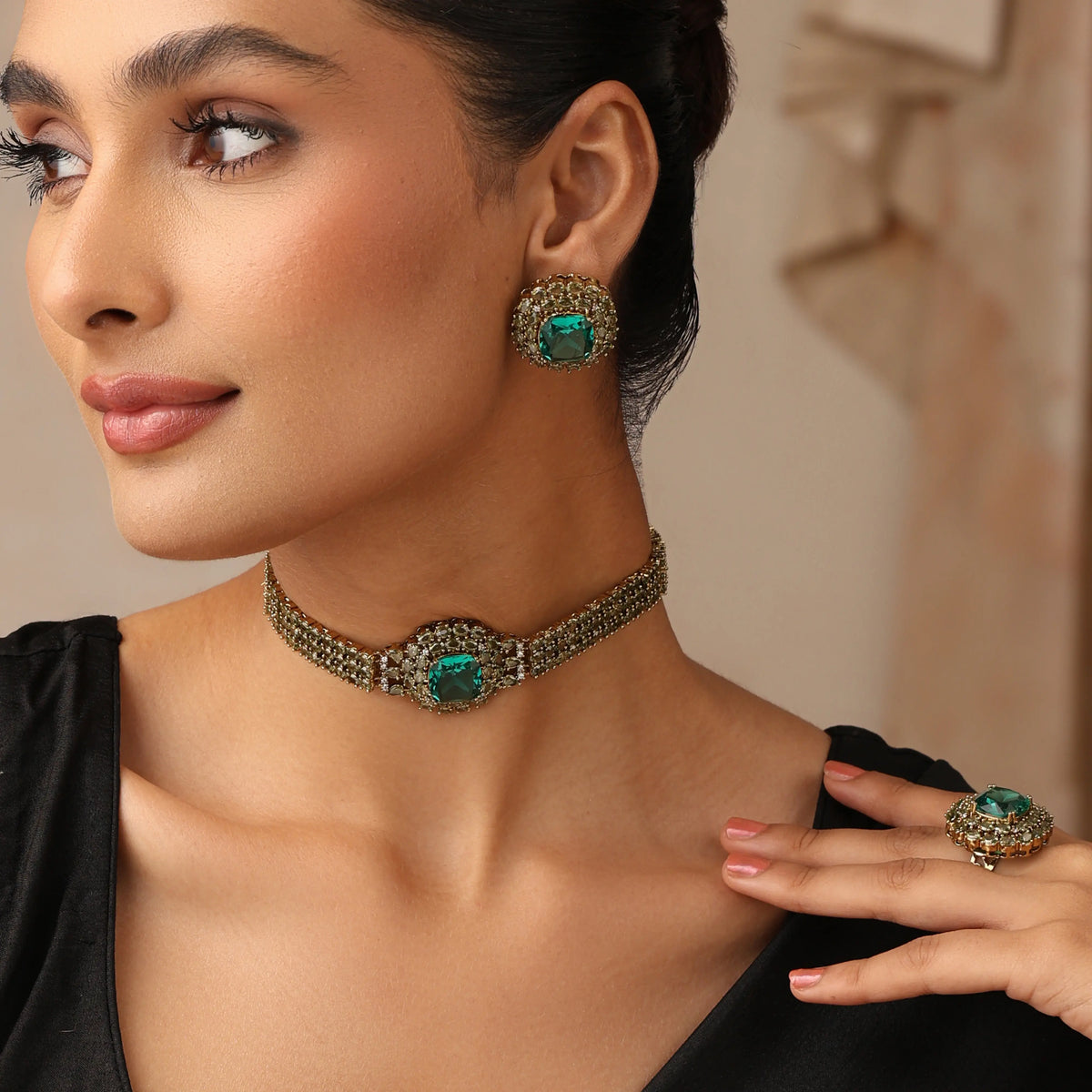 Aveline Teal Gold Choker Set with Ring