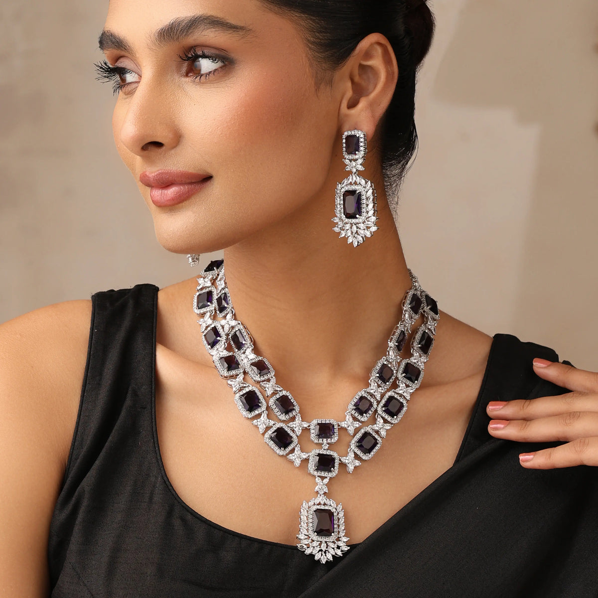 Royal Purple Double-Layer CZ Necklace Set with Statement Earrings