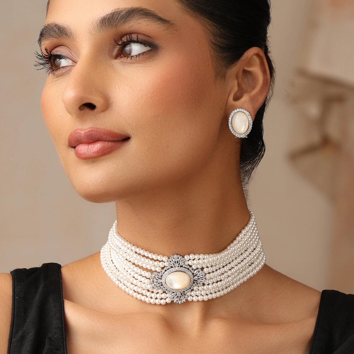 Aizeh Pearl Choker Necklace Set with Earrings (Copy)
