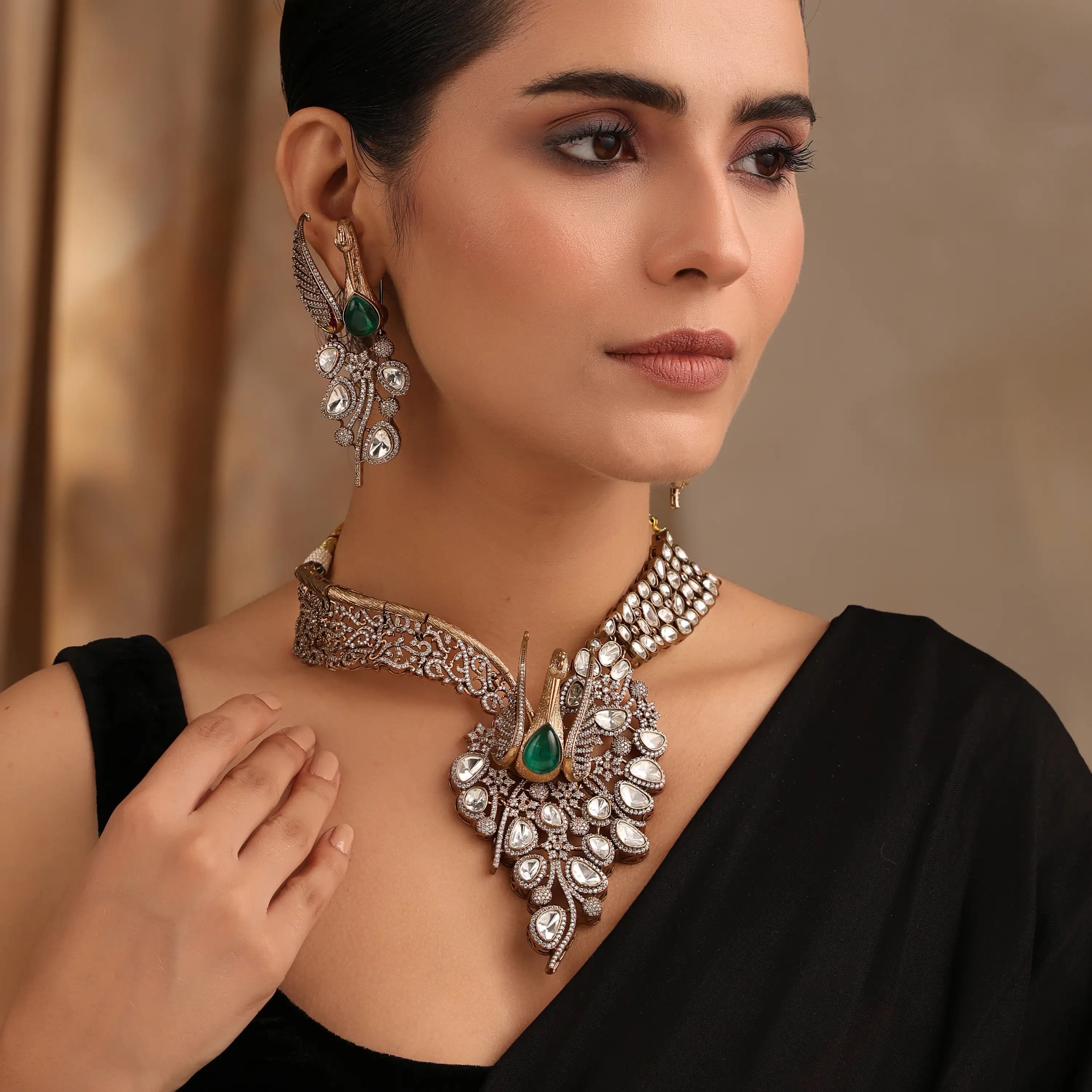 Emerald Peacock Kundan Choker Set (Necklace + Earrings)