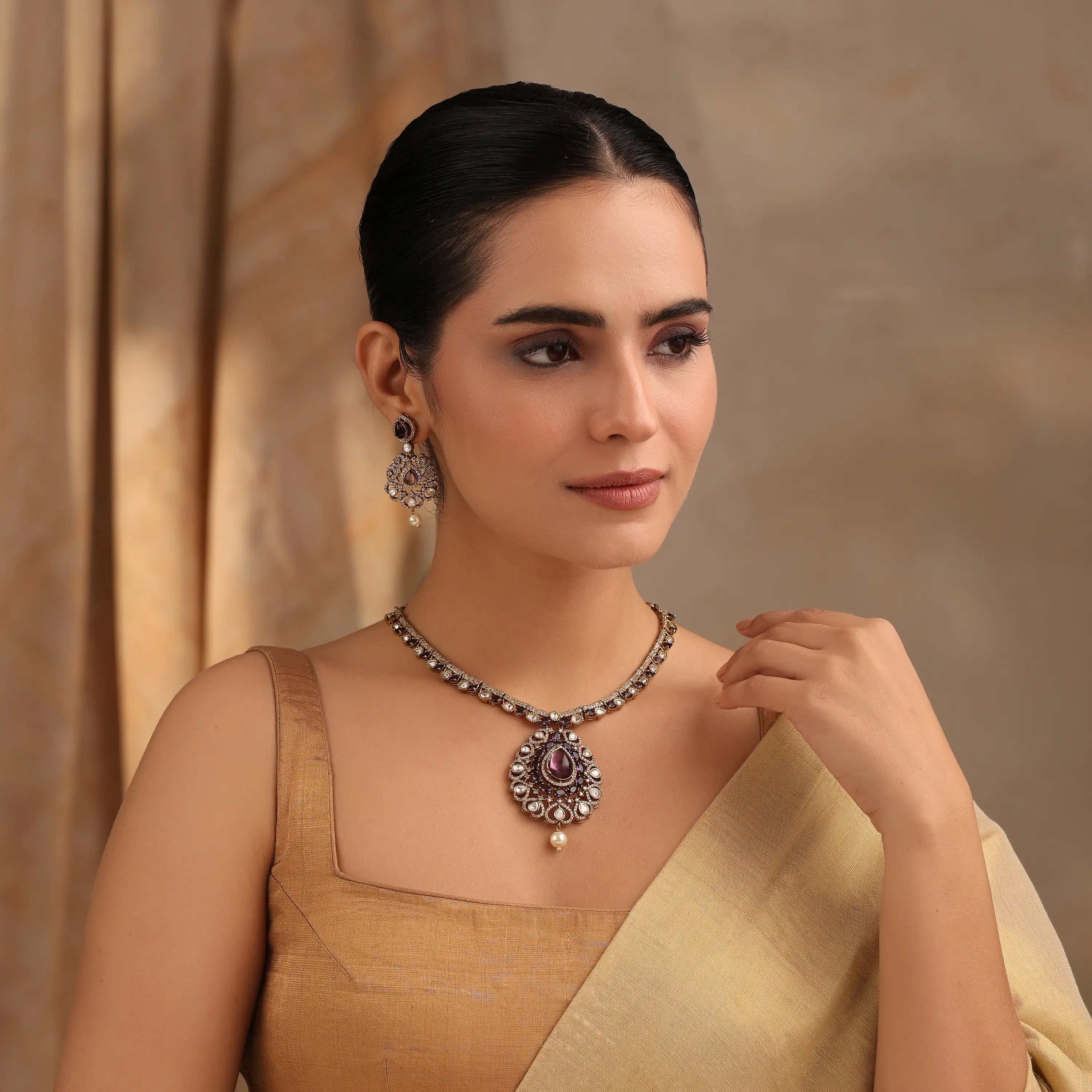 Nivara Purple Polki Kundan Necklace Set (With Earrings)