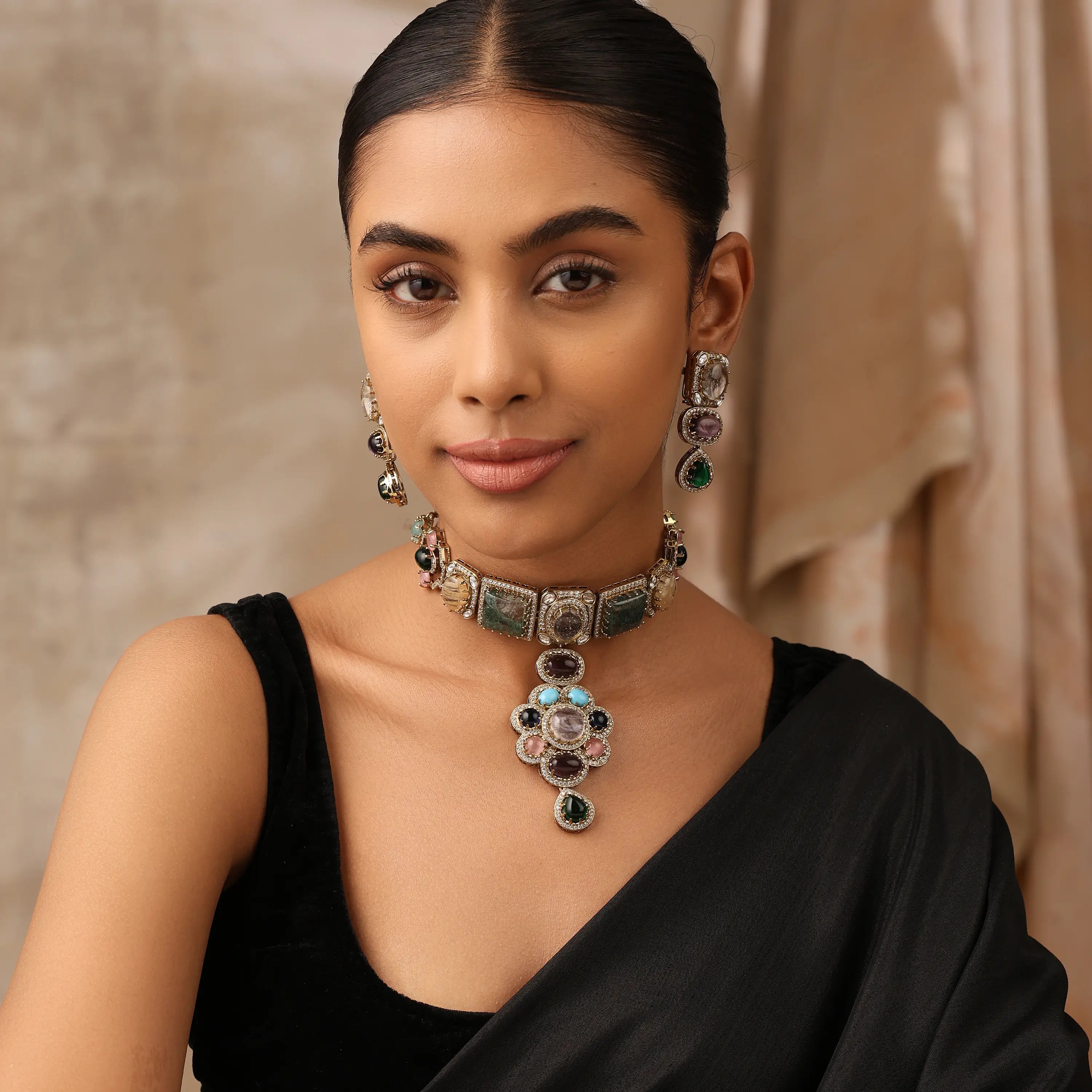 Cabochon Stone Choker Necklace Set with Earrings