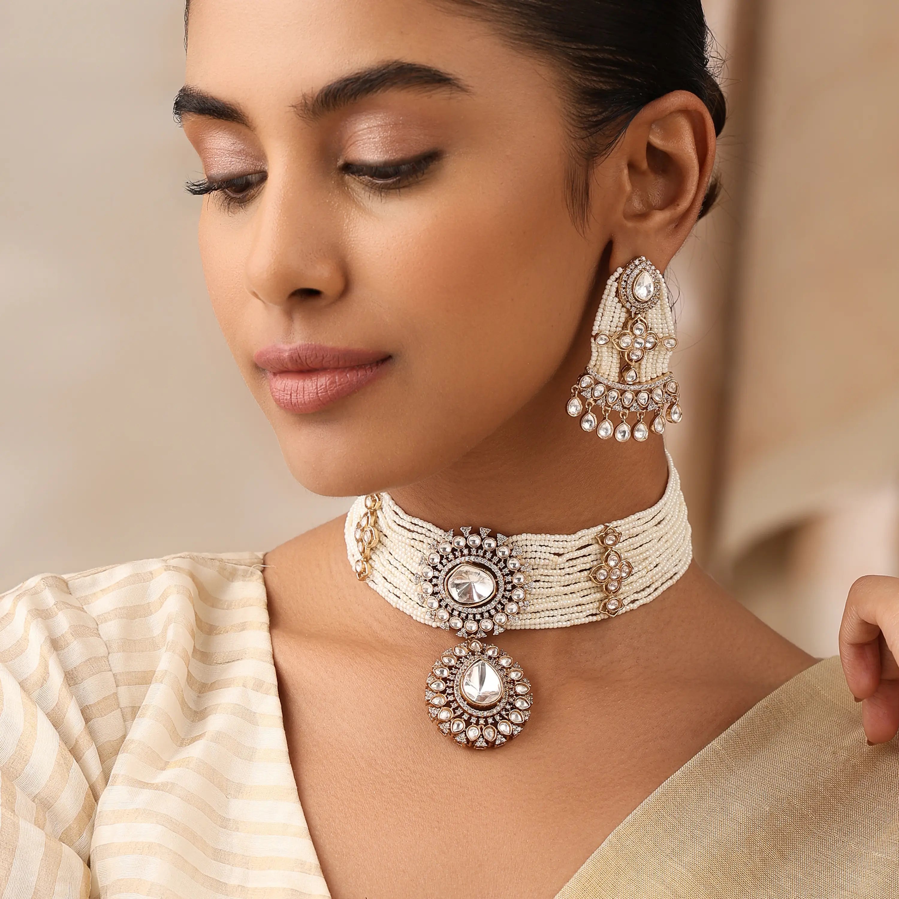 Pearl Choker Necklace Set with Earrings