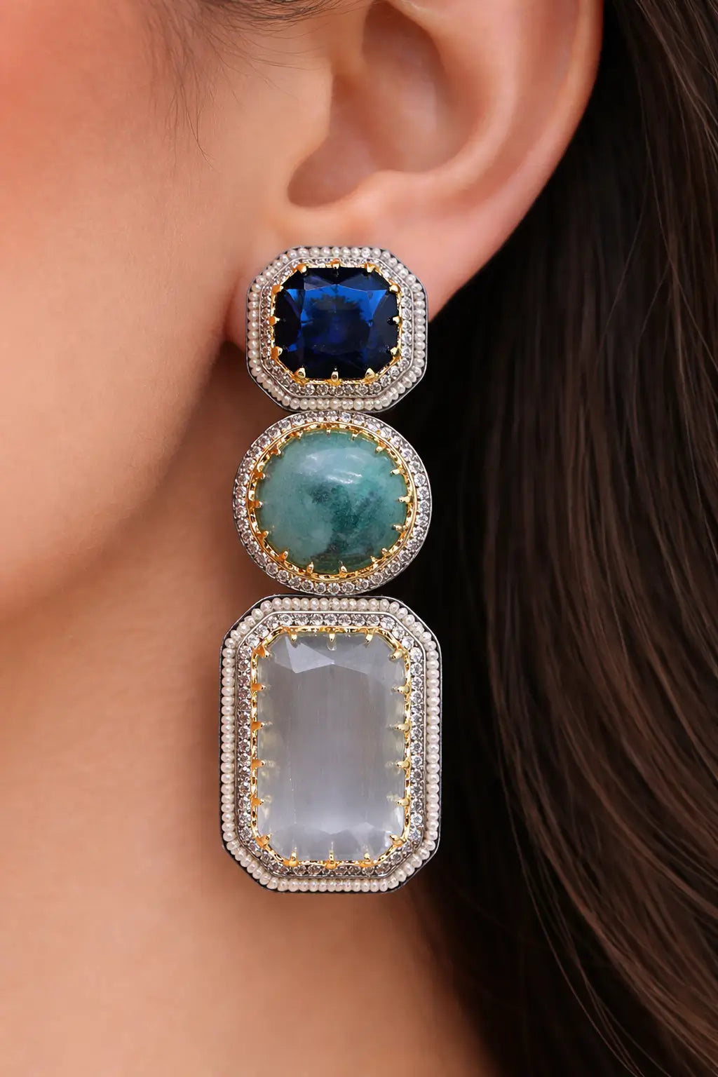 Celestia Blue Gray Cabochon Prism Drop Earrings