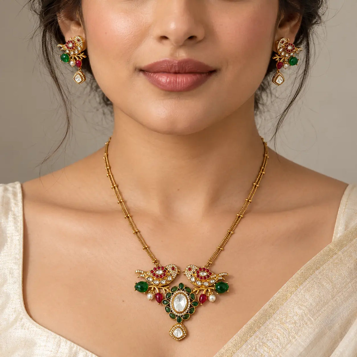 Ishmira Lovebird Kundan Necklace Set with Earrings
