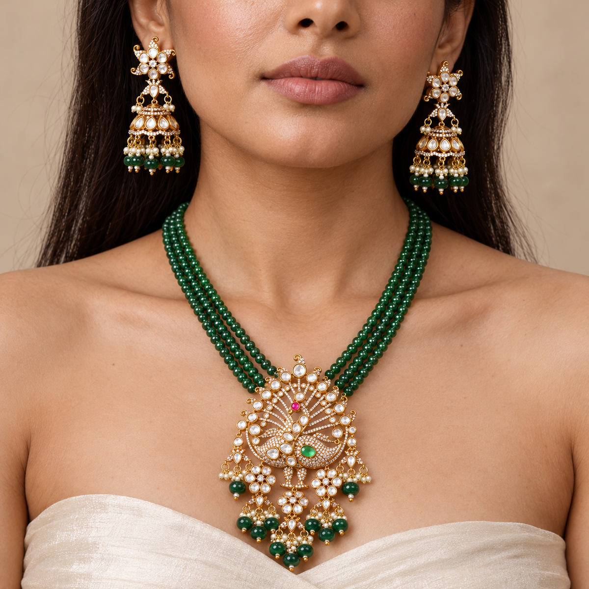 Kavira Green Kundan Statement Necklace Set with Earrings
