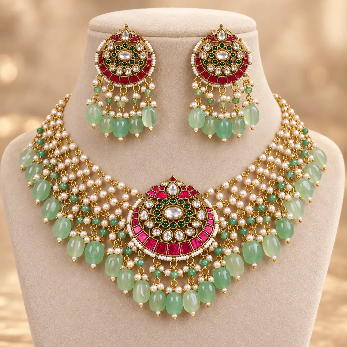 Ruhira Mint Green Kundan Choker Set with Earrings