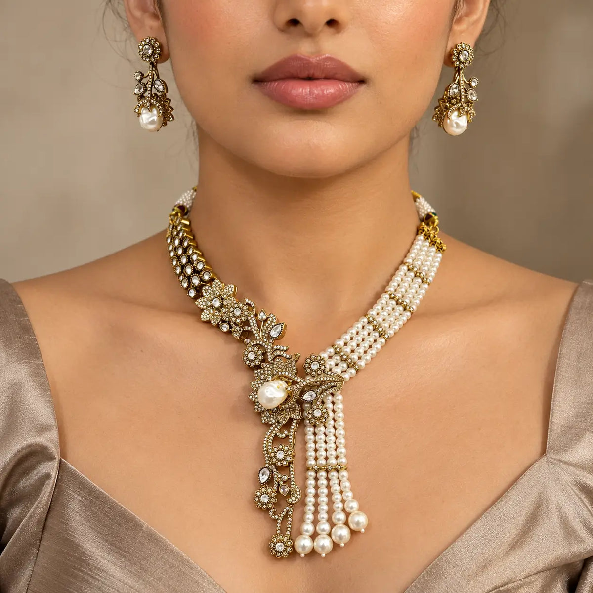 Elvara Asymmetric Pearl & Polki-Style Necklace Set with Earrings