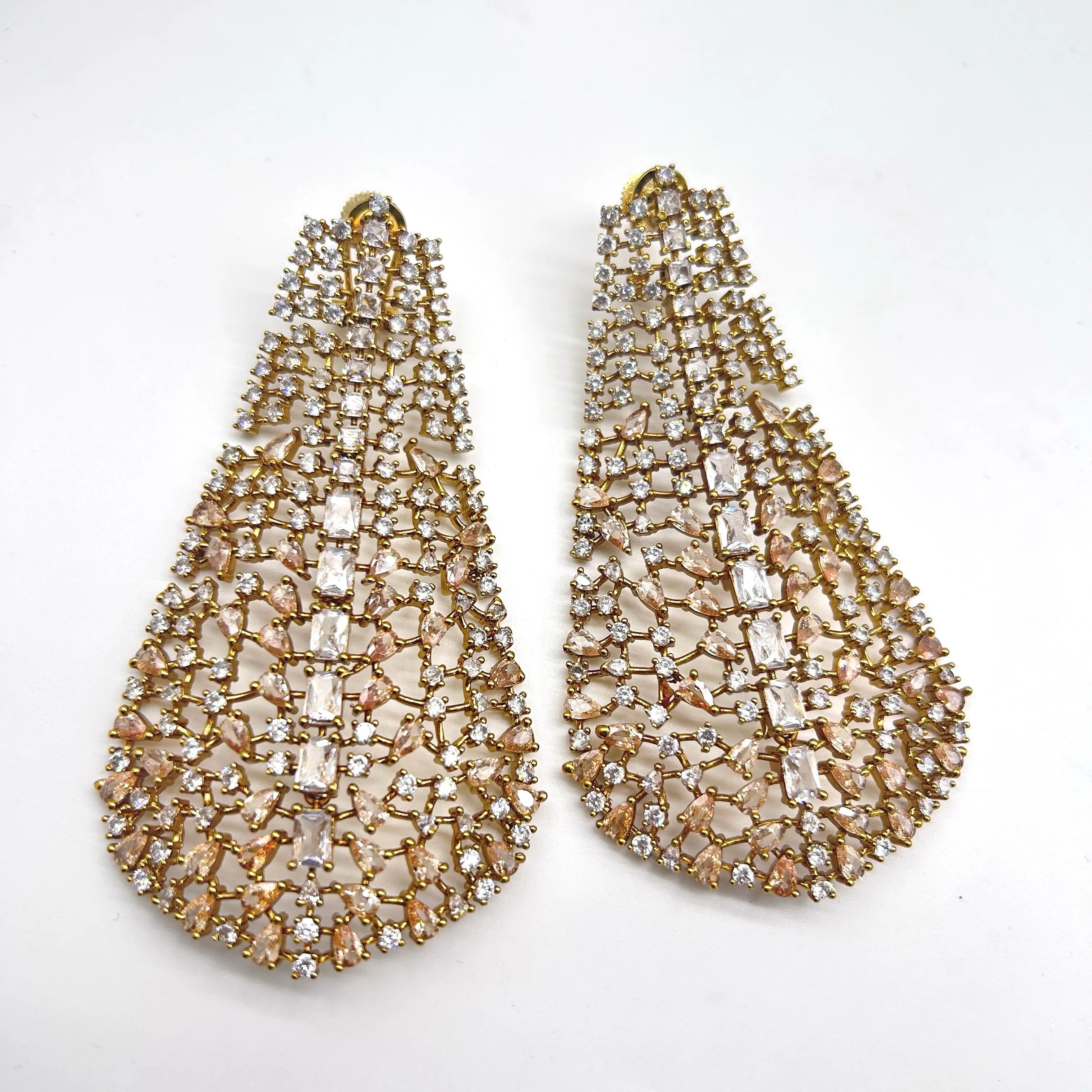 Liora Statement Earrings – Gold CZ Lattice Long Drop Earrings