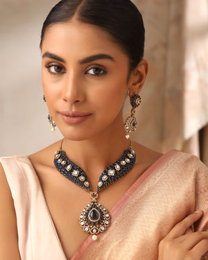 Designer Indian Choker Necklace in Blue Moissanite with Polki & Kundan Work – Vamika Jewelry
