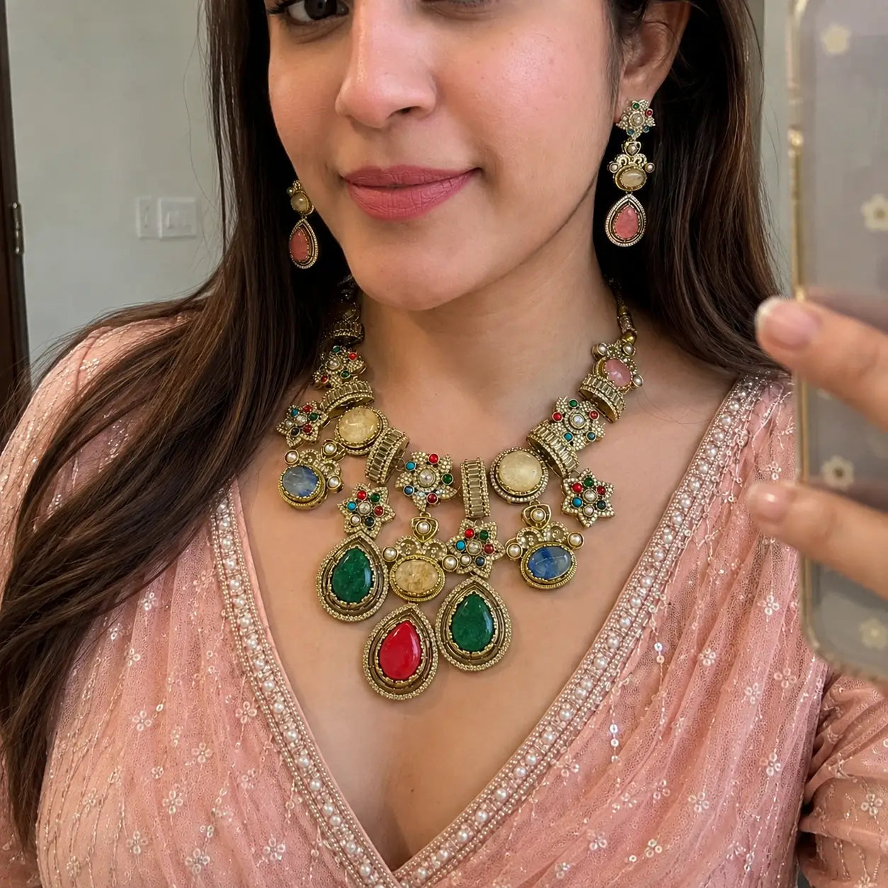 Sabhya Multicolor Statement Necklace Set with Earrings