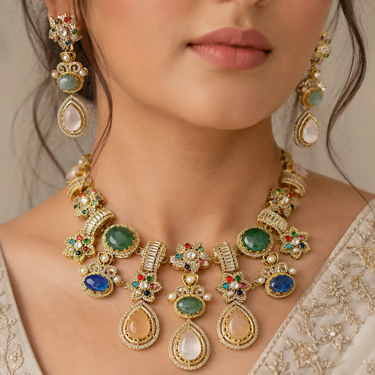 Sabhya Multicolor Statement Necklace Set with Earrings