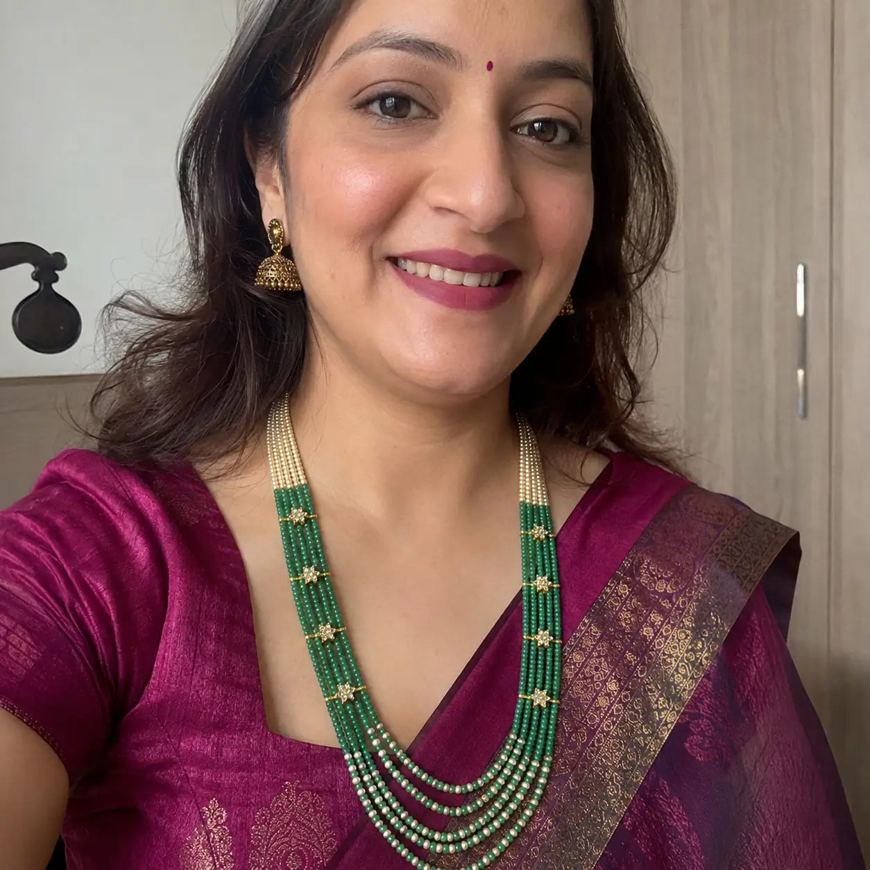 Aarika Green Bead & Pearl Layered Long Necklace