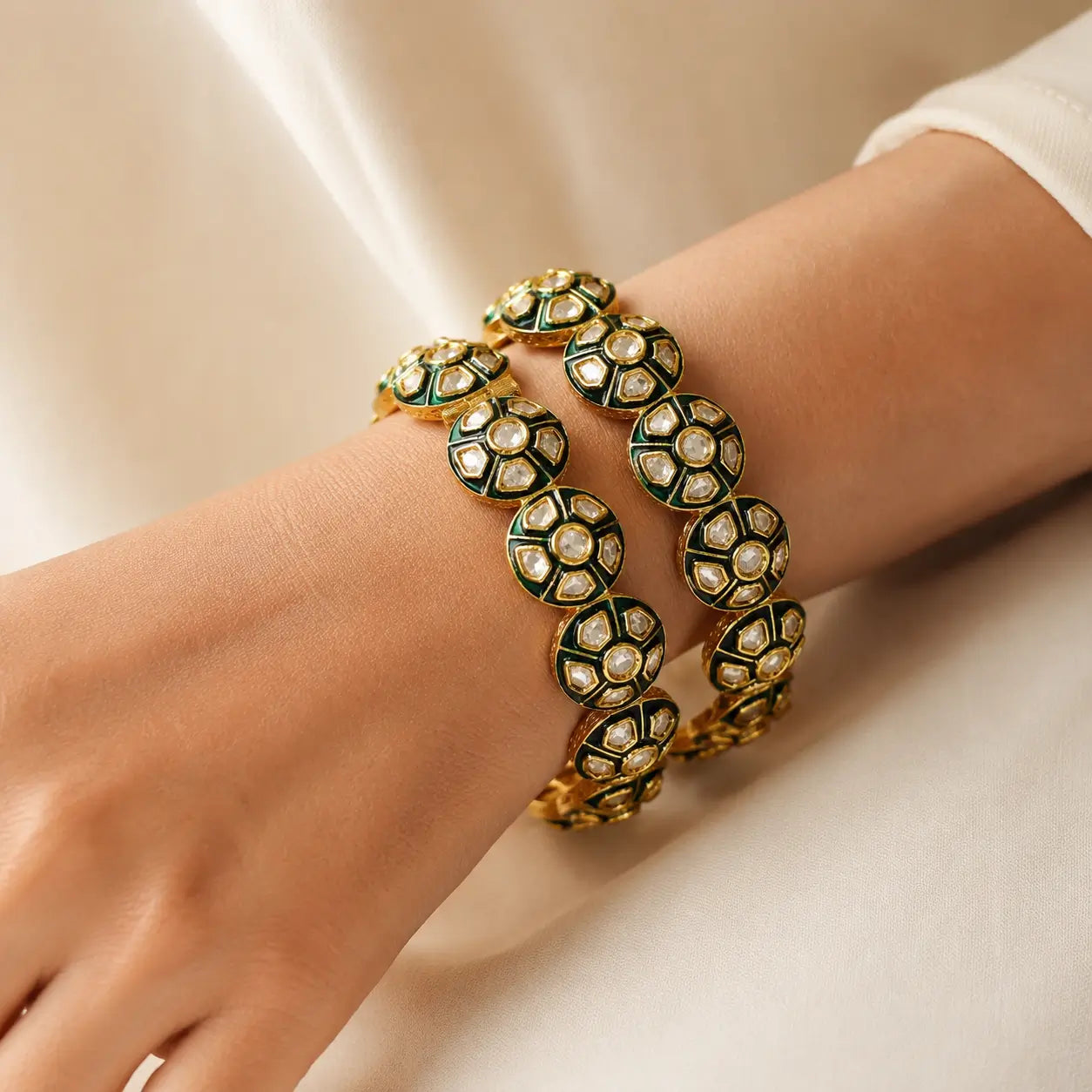 Emerald Kundan Bangles – Gold Plated (Set of 2)