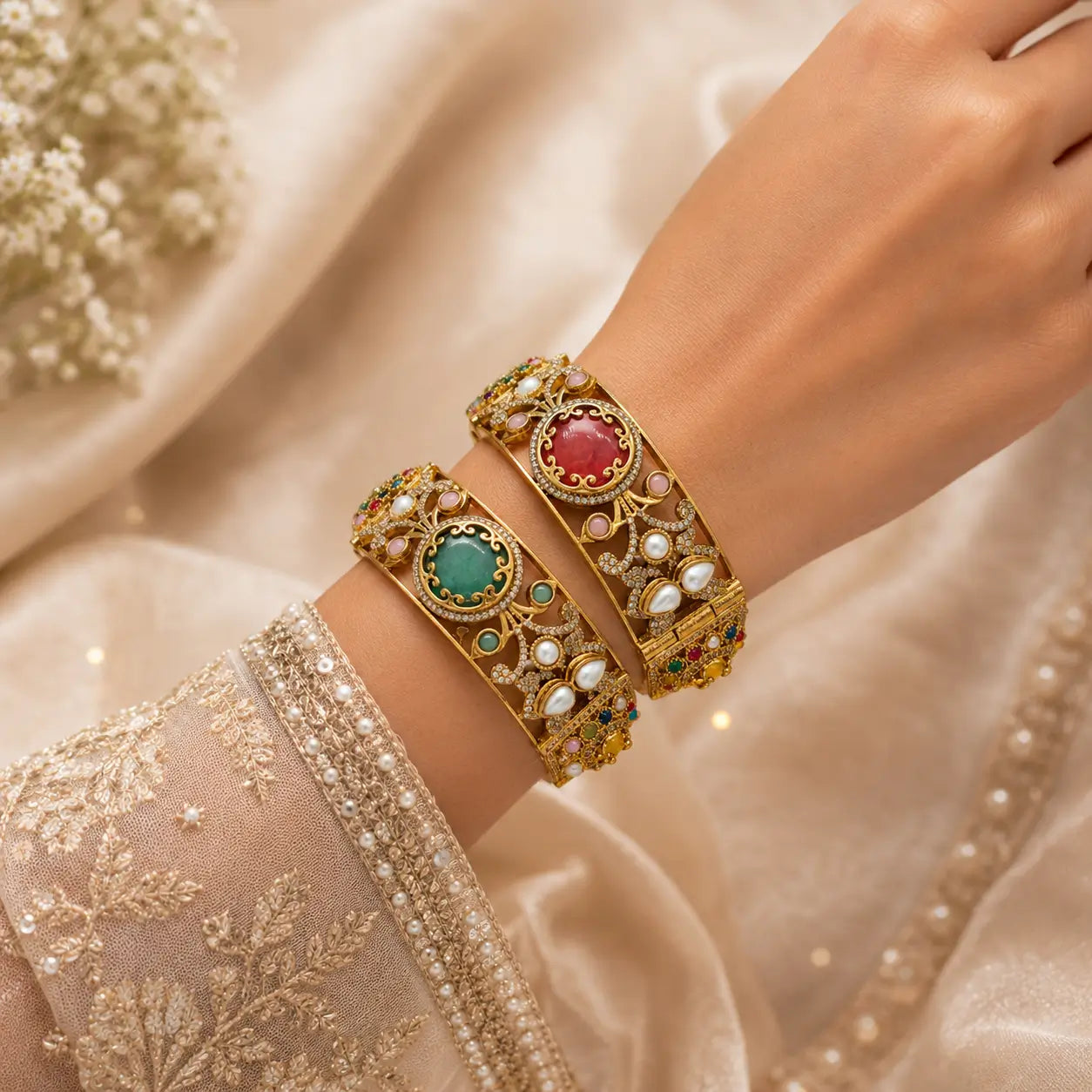Royal Heritage Navratan Pearl Gold Bangle Pair 2.4 Size