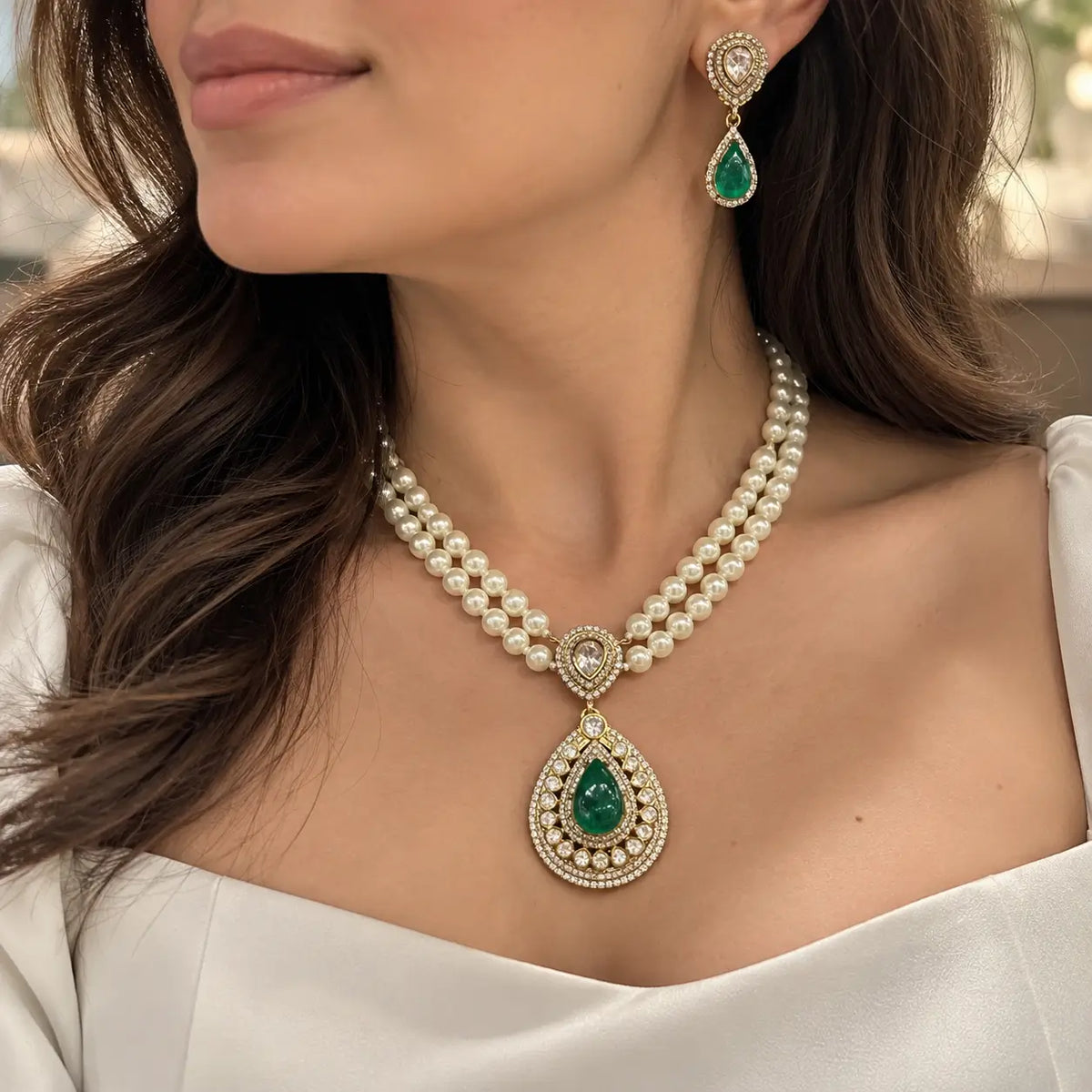 Emerald Teardrop Pearl Necklace Set with Polki-Style Pendant & Earrings