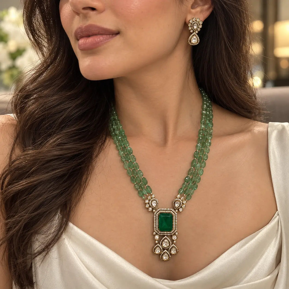Ryka Emerald Green Beaded Kundan Necklace Set with Statement Pendant & Earrings