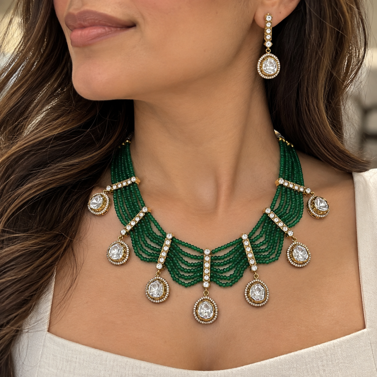 Dina Emerald Green Layered Beaded Kundan Necklace Set with Earrings