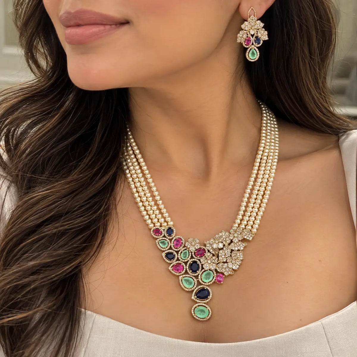 Shea Multicolor Pearl Statement Necklace Set with Earrings | MyRivaaz