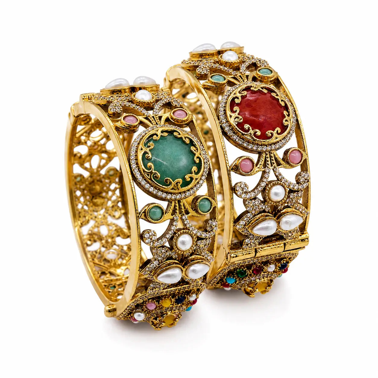 Royal Heritage Navratan Pearl Gold Bangle Pair 2.4 Size