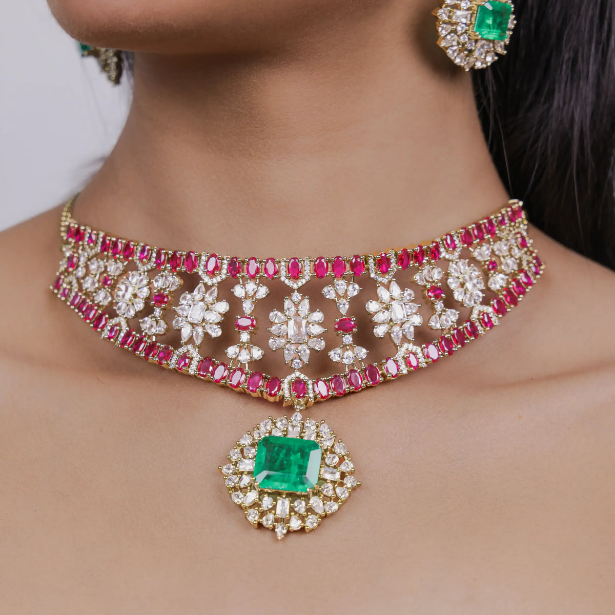 Aarohi Ruby Floral Moissanite Choker Set with Emerald Pendant & Statement Earrings