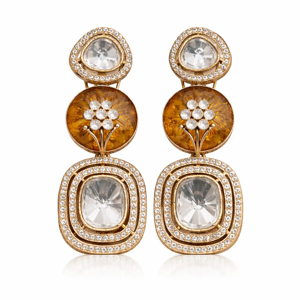 Antique Amber Yellow Kundan Earrings